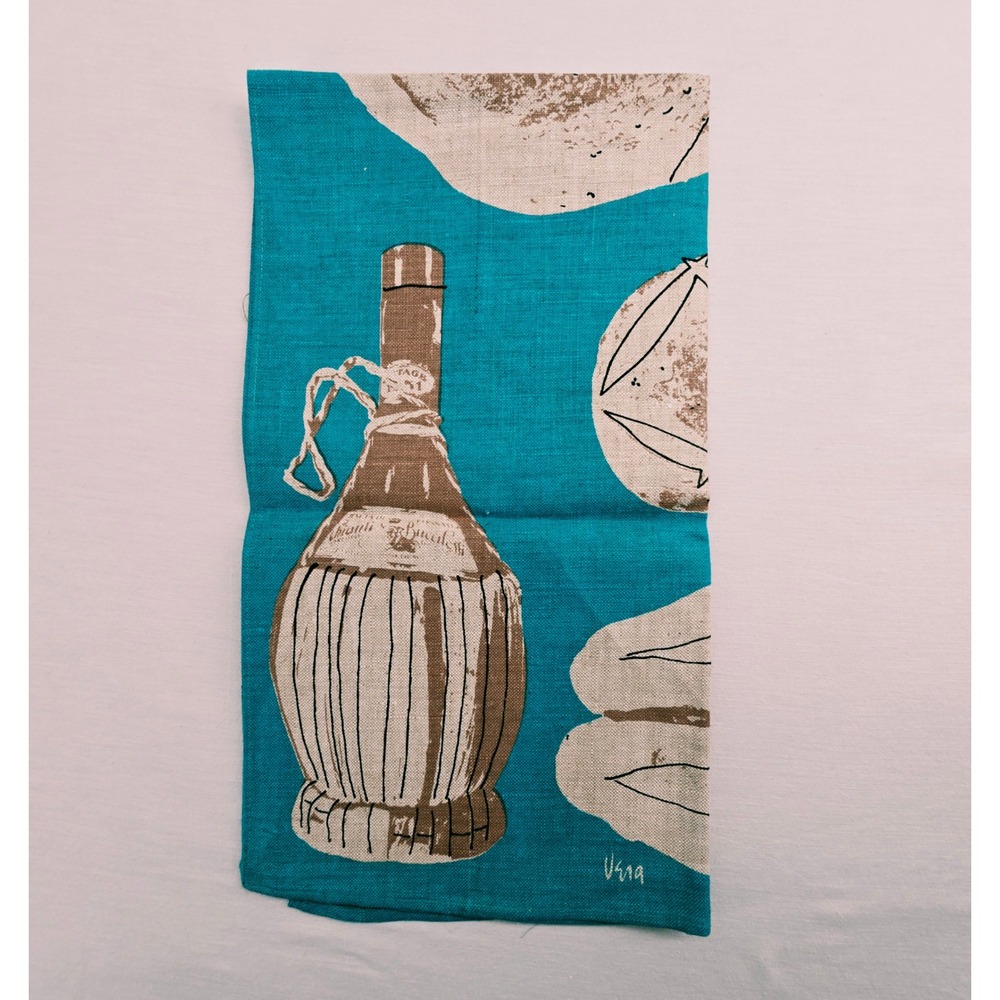Vintage Vera Neumann Linen Tea Towel Bread Chianti Wine Turquoise MCM Signed NOS